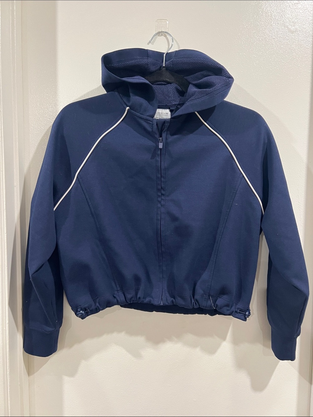 Zara Navy Hooded Cropped Zip Jacket with White Trim Sizs 11-12
